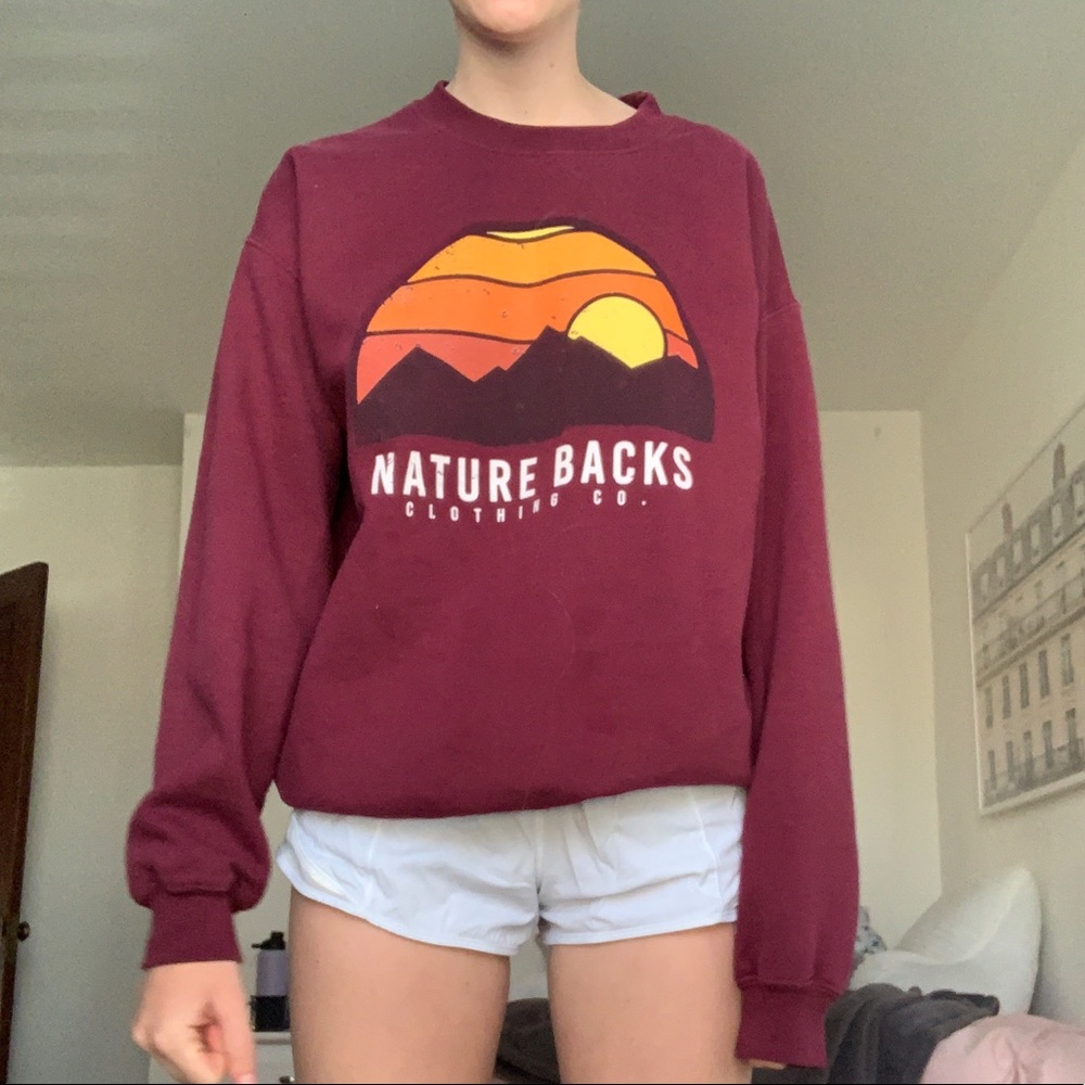 Nature Backs Maroon Crewneck